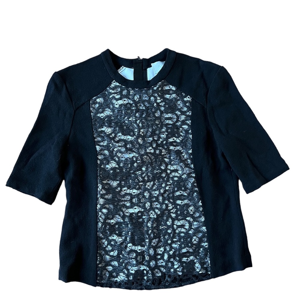 ALC Women’s Lace Overlay Blouse Short Sleeve Crewneck Black Wool
